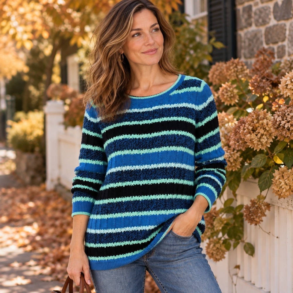 Talbots Blue Green Striped Sweater Size 1X Cotton Preppy Classic Academia Cozy